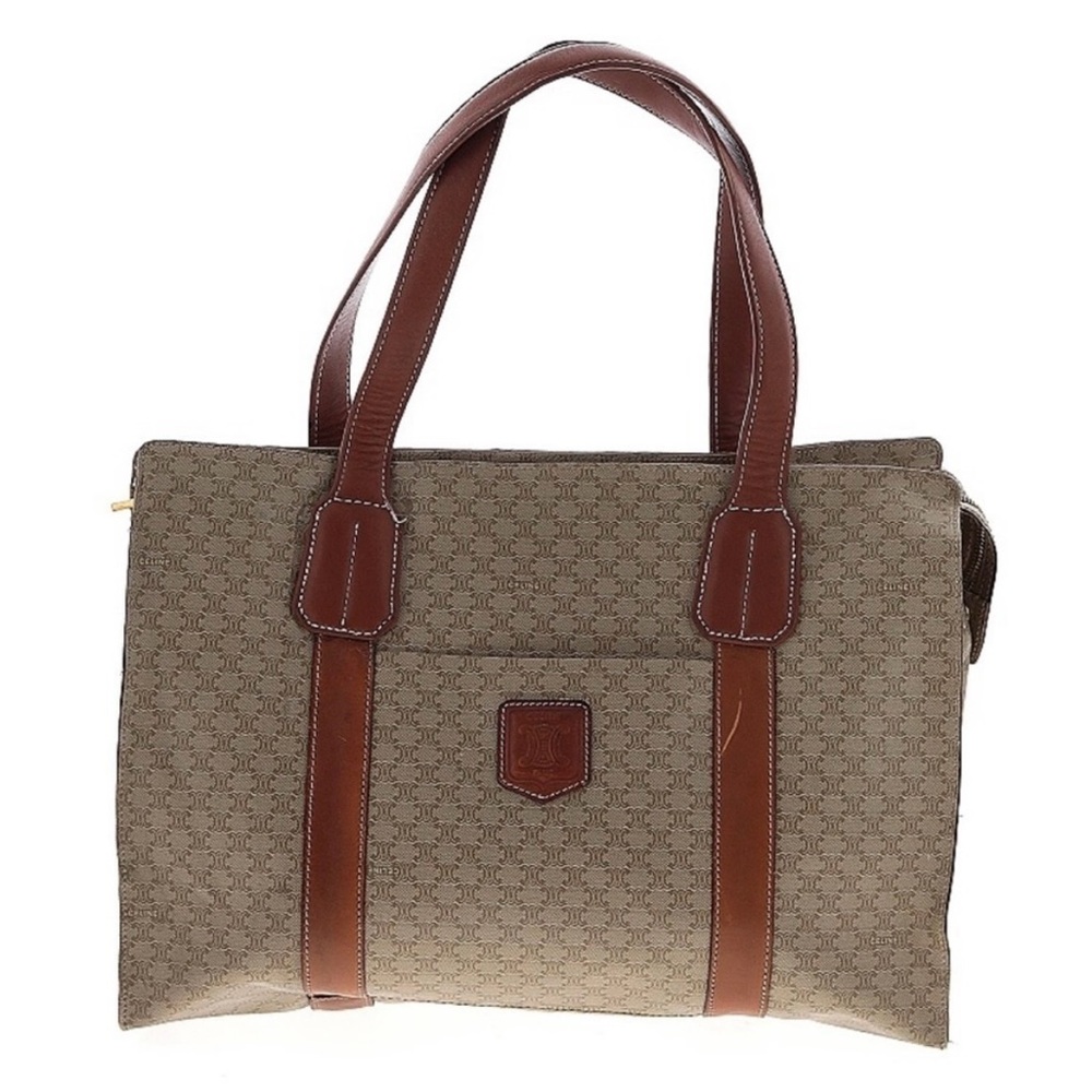Celine Beige and Brown Monogram Bag with Gold Accents